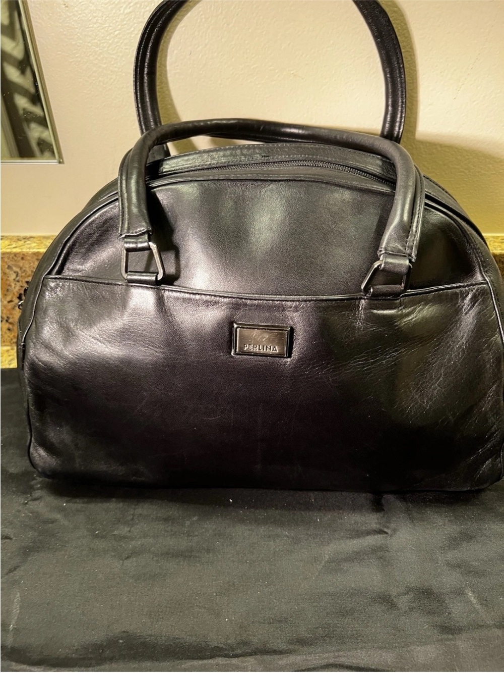 Perlina Black Leather Women’s Satchel Footed Double Handles Zip Close 12x8x5”